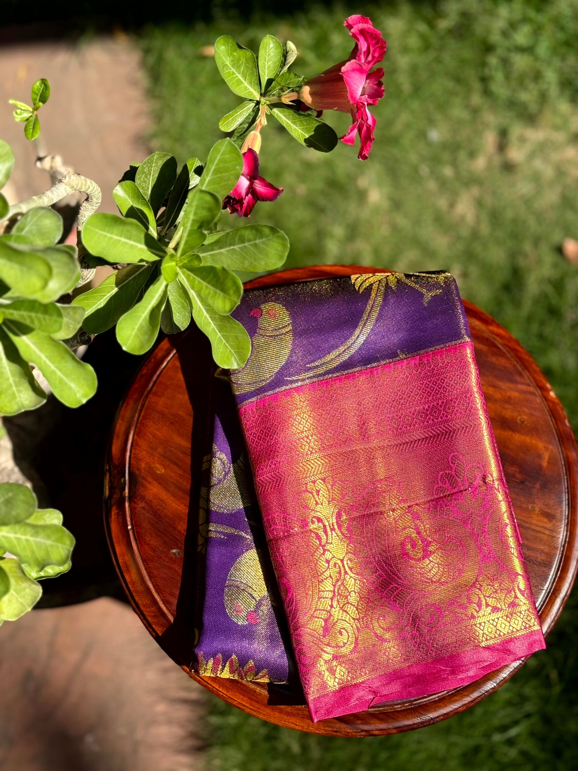 Purple Dharmavaram Gold Birds Print Saree by My Store