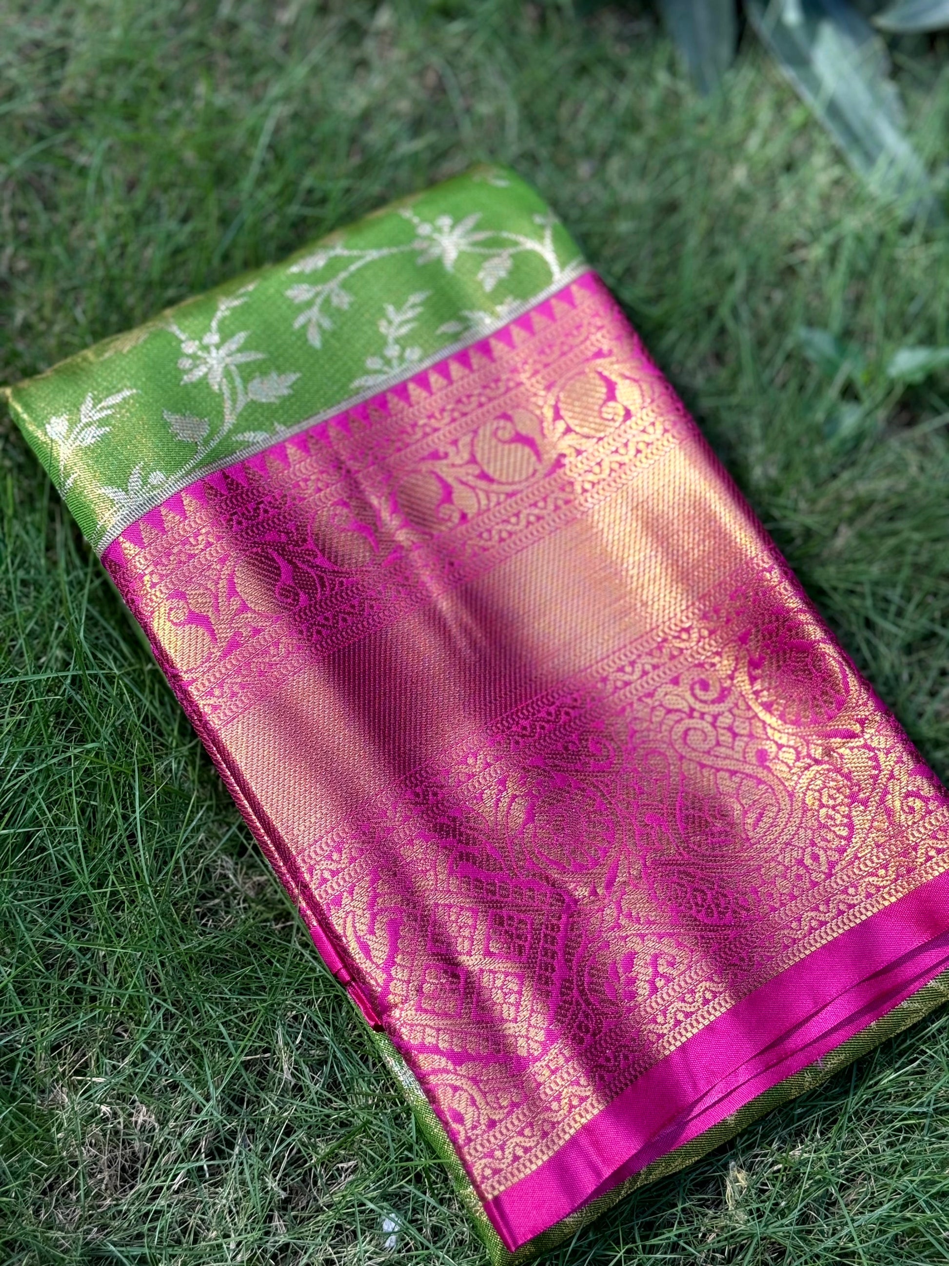 Lime Green Dharmavaram Silk Saree by My Store