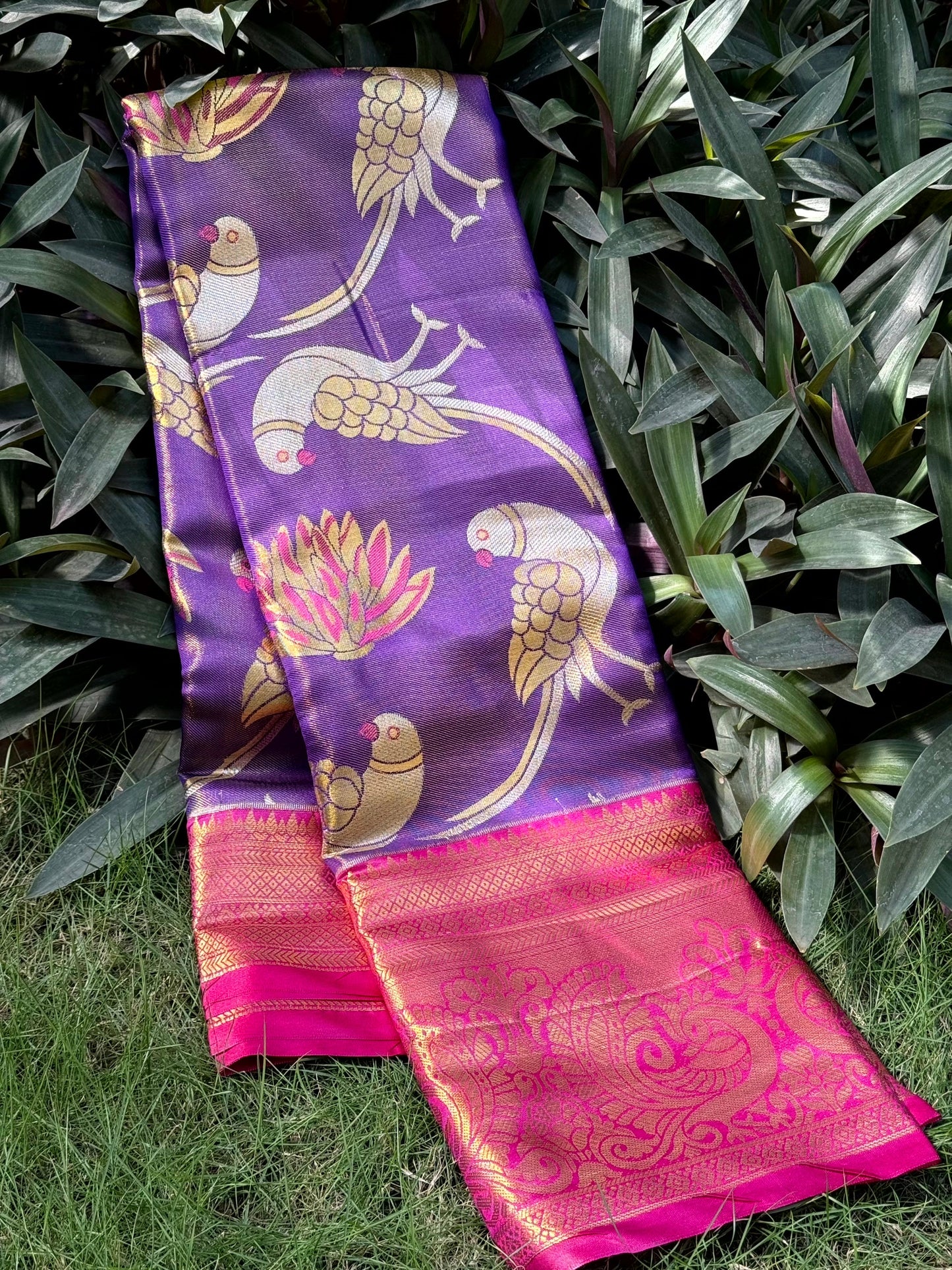 Purple Dharmavaram Gold Birds Print Saree by My Store