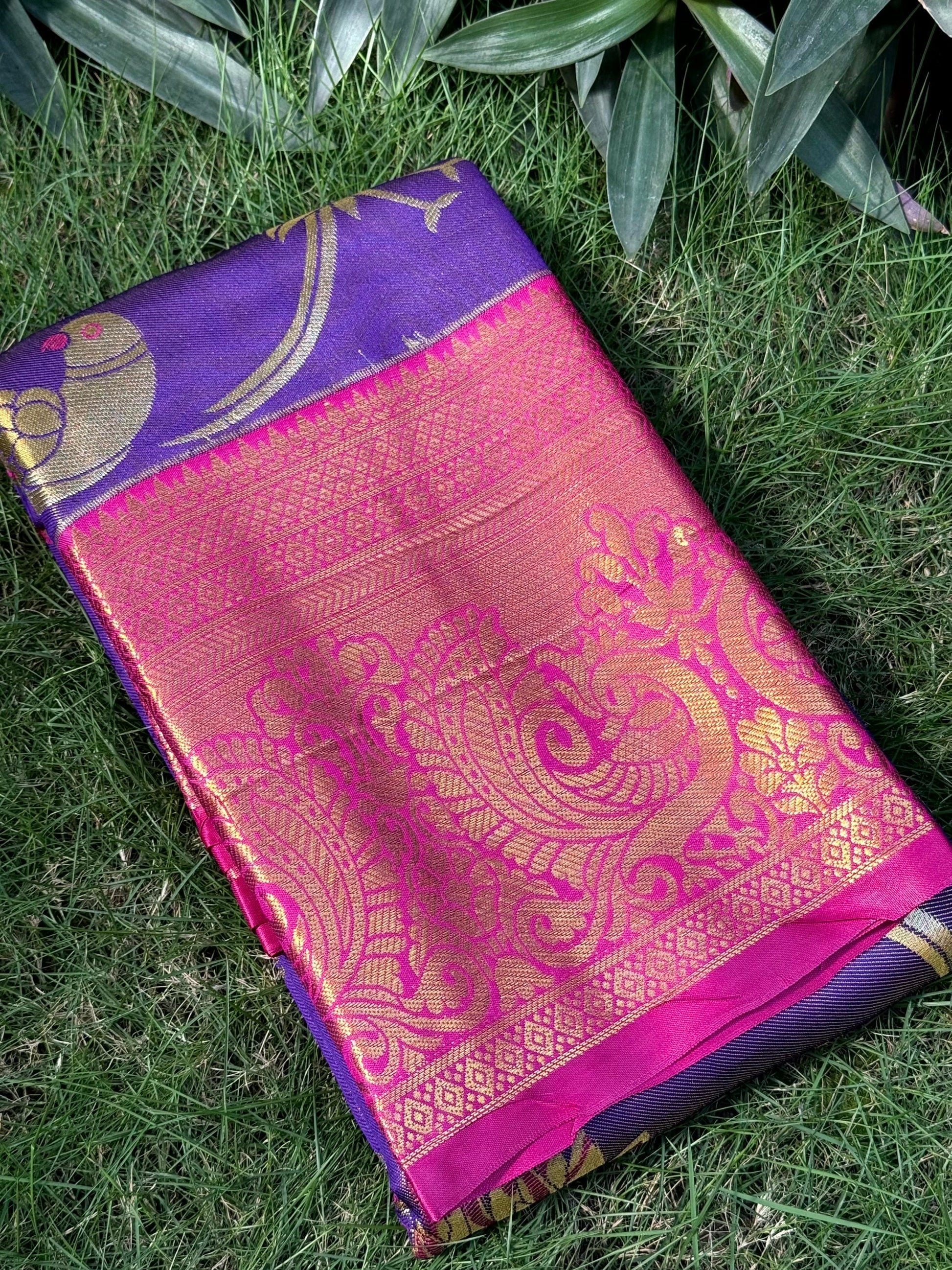 Purple Dharmavaram Gold Birds Print Saree by My Store
