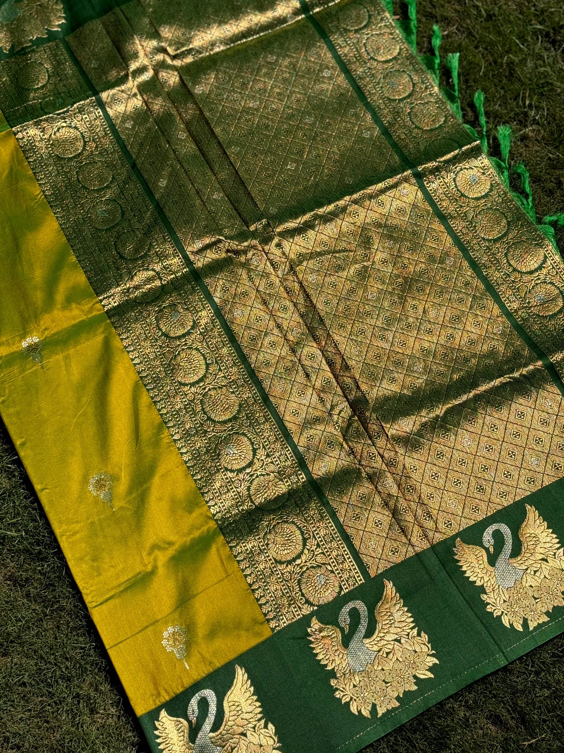 Green Swan Motif Soft Silk Saree by My Store
