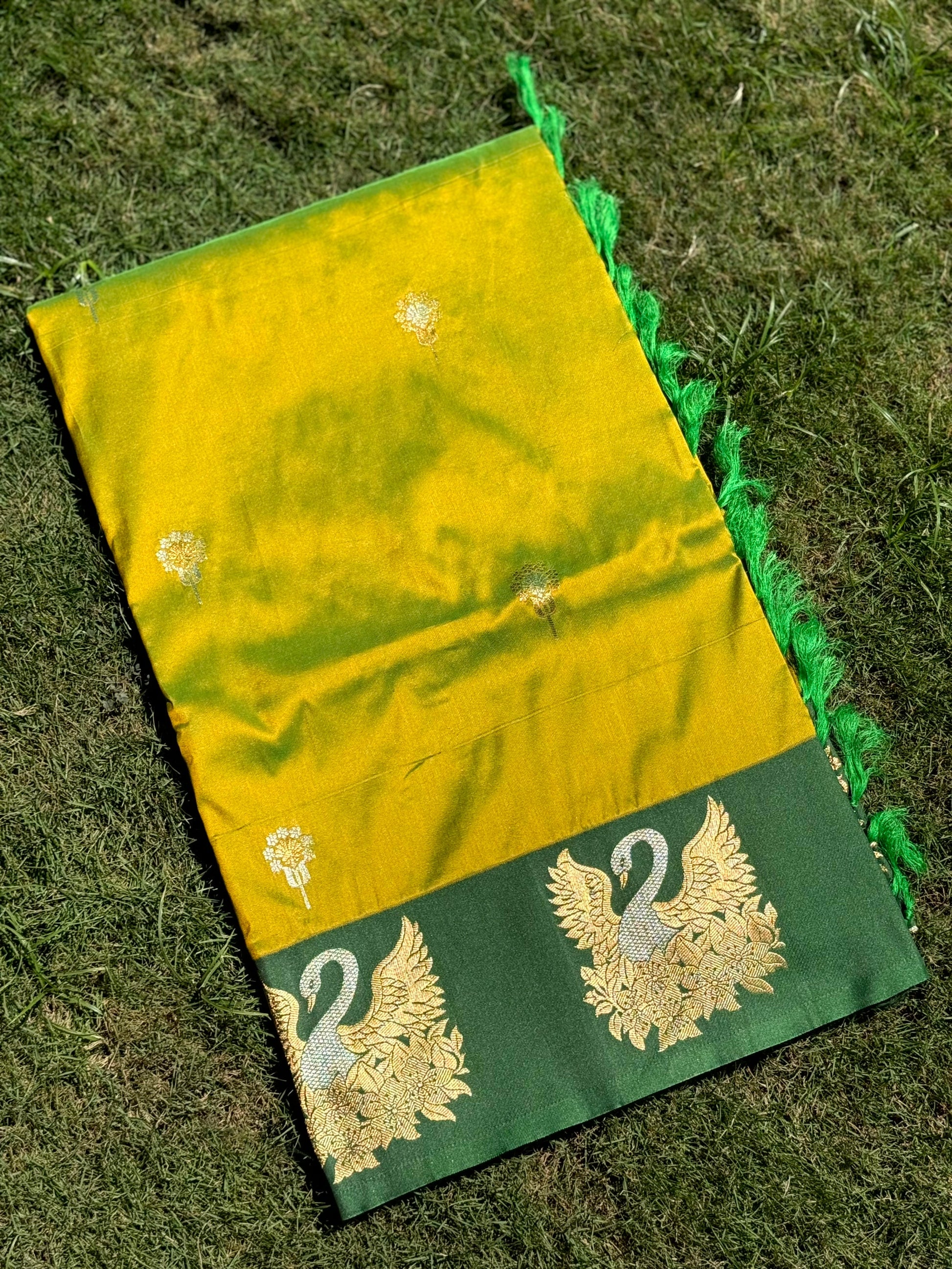 Green Swan Motif Soft Silk Saree by My Store