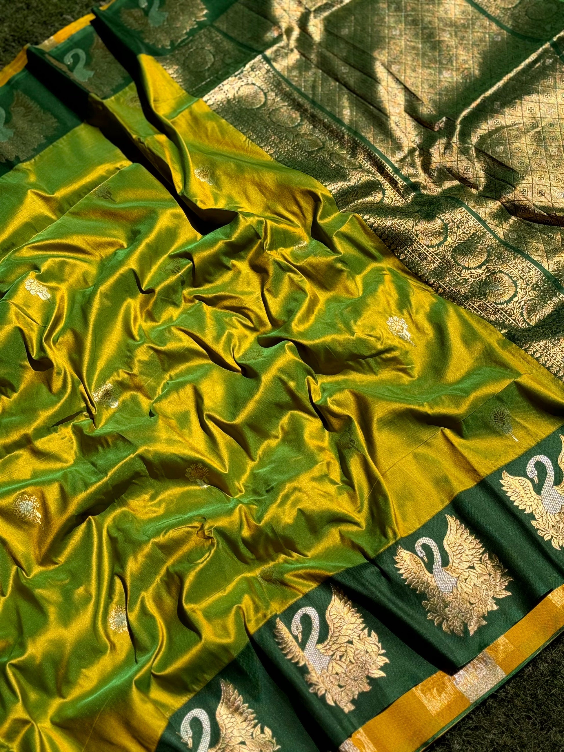 Green Swan Motif Soft Silk Saree by My Store
