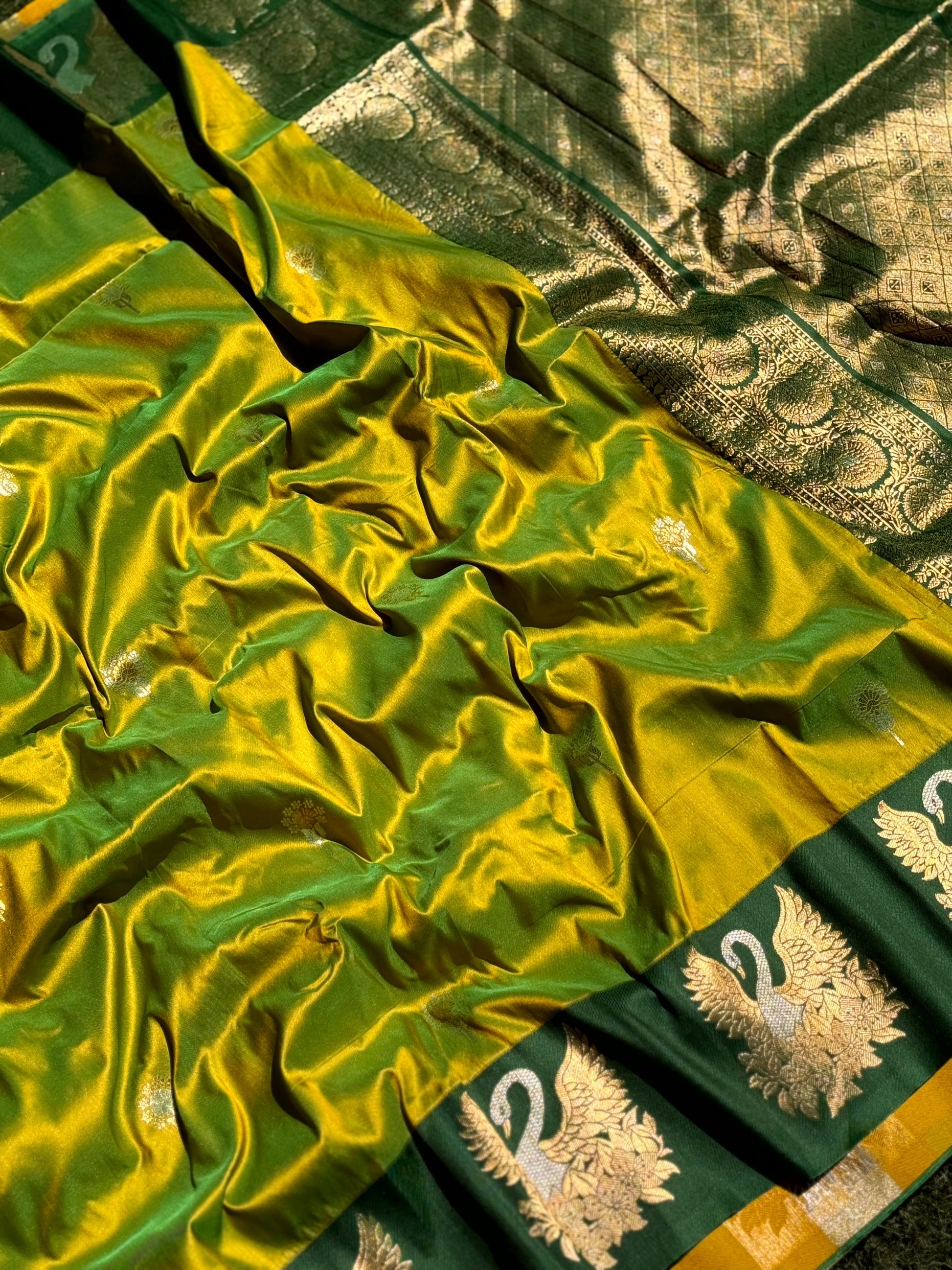 Green Swan Motif Soft Silk Saree by My Store