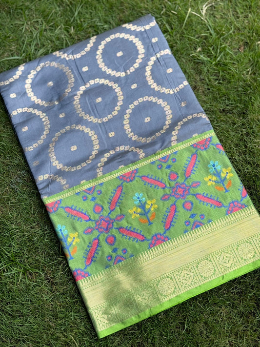 Grey Katan Silk Ikkat Saree by My Store