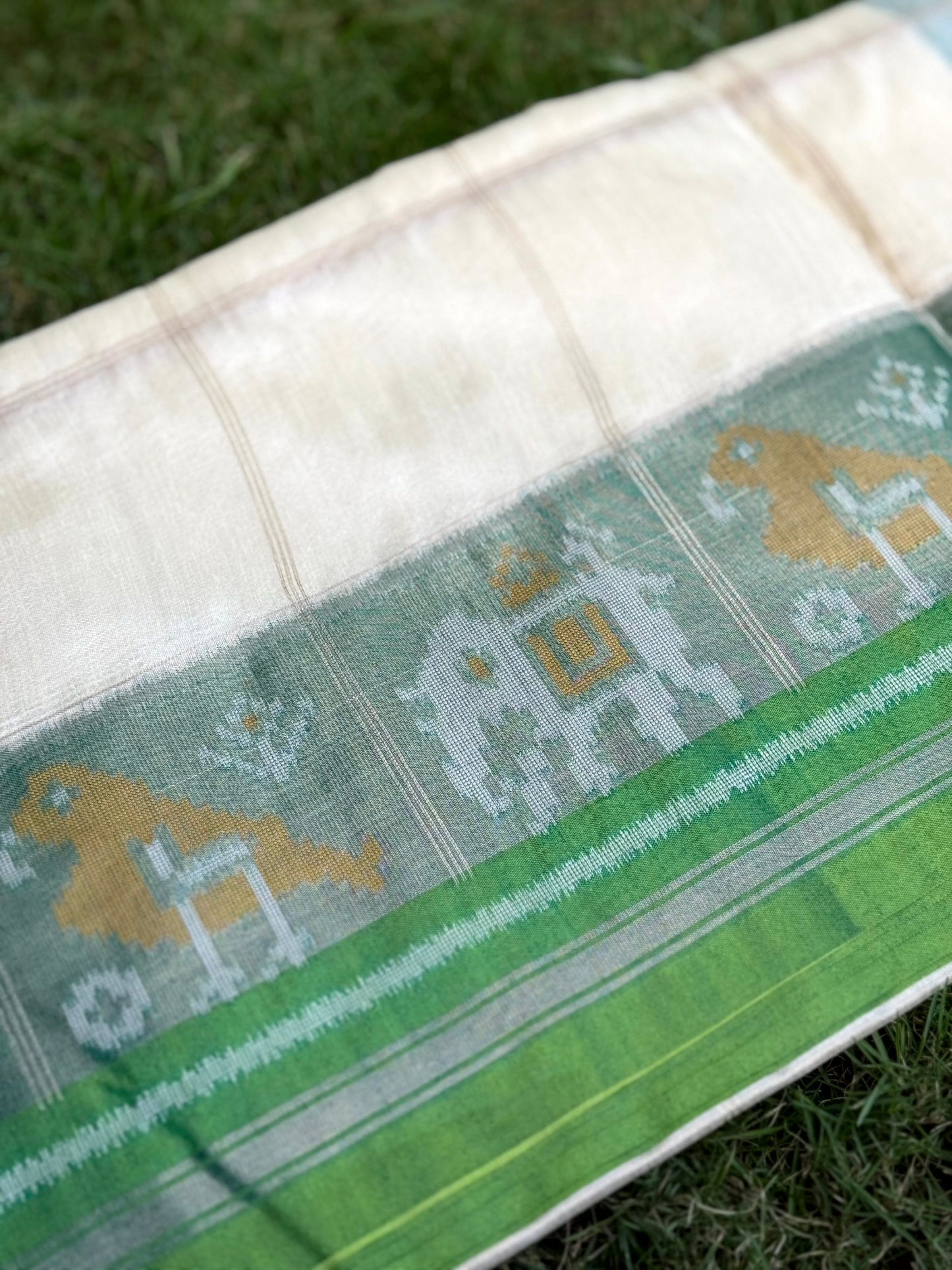 White Double Ikat Tussar Silk Saree