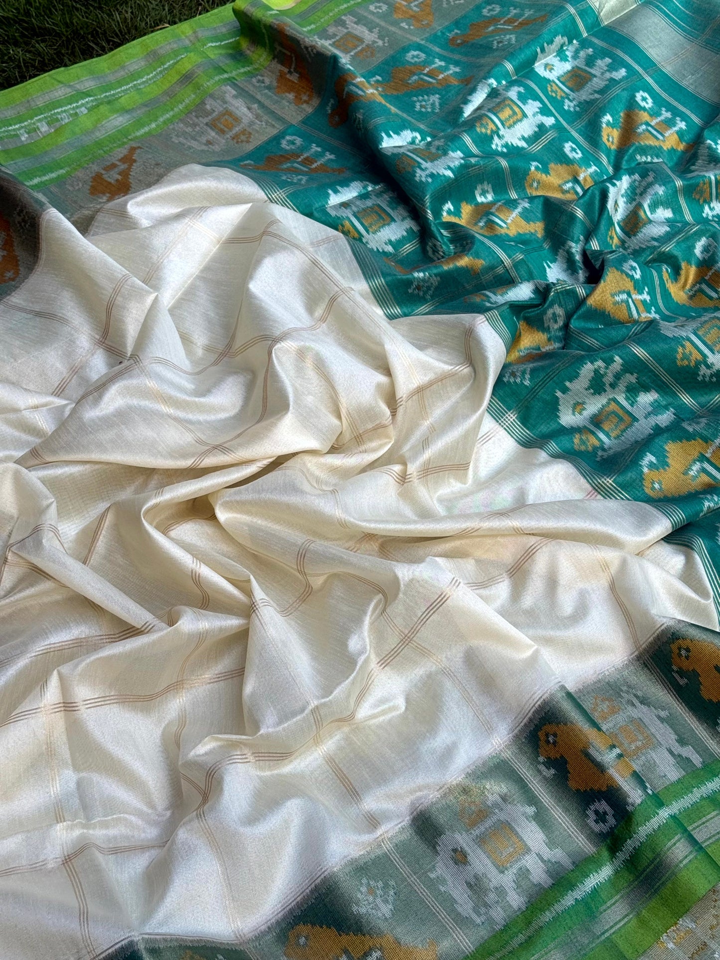 White Double Ikat Tussar Silk Saree