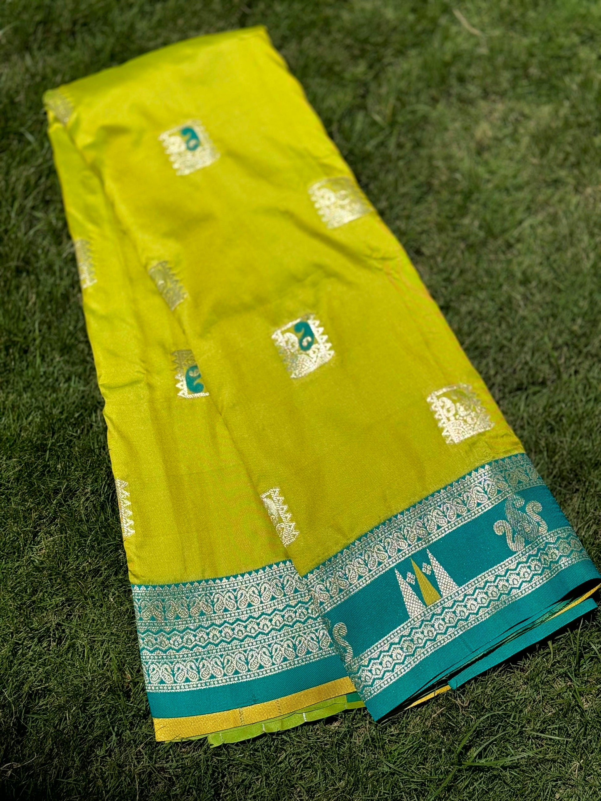 Lime Green Soft Silk Kanjivaram Saree by My Store