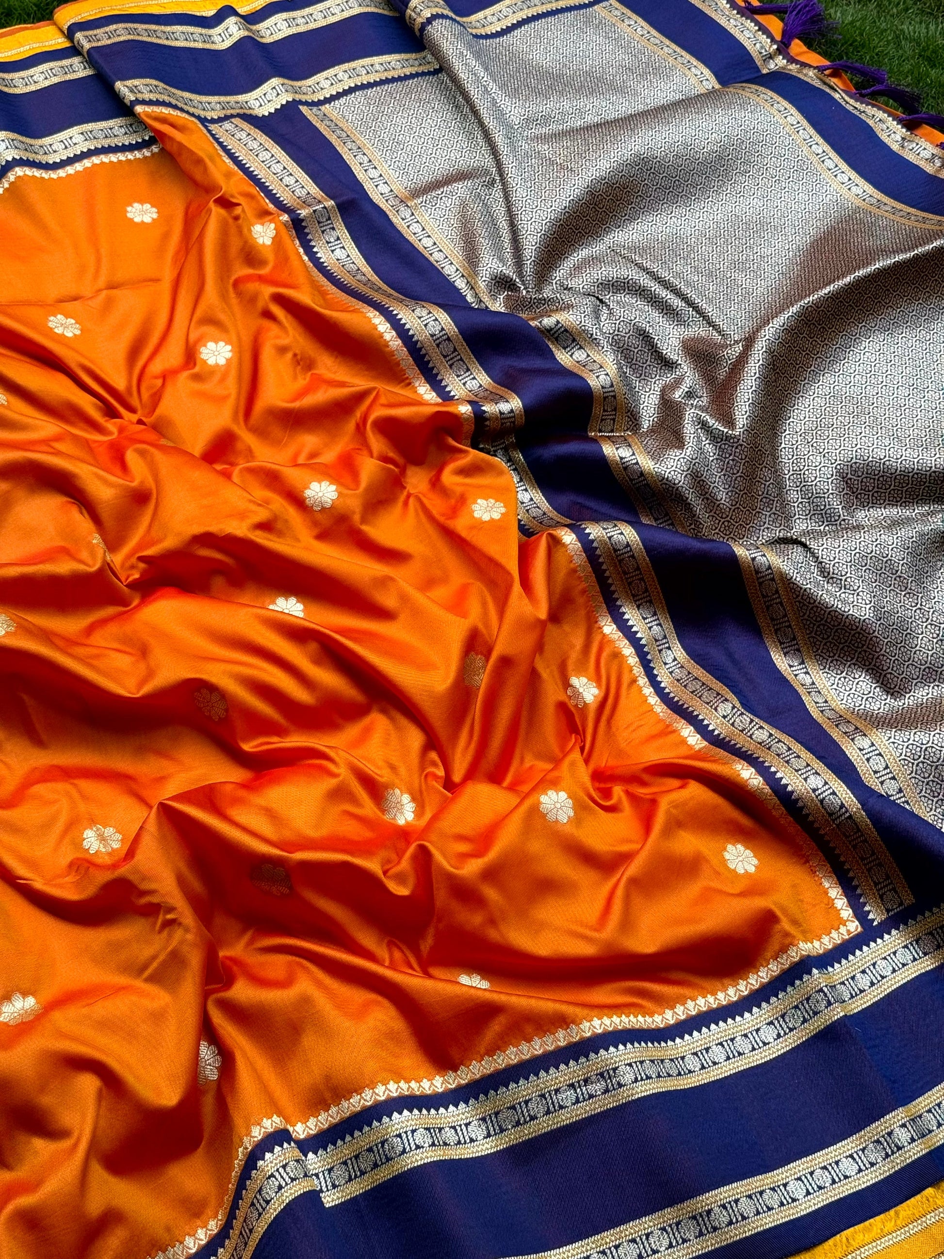 Navy Blue Soft Silk Floral Butta Saree by My Store