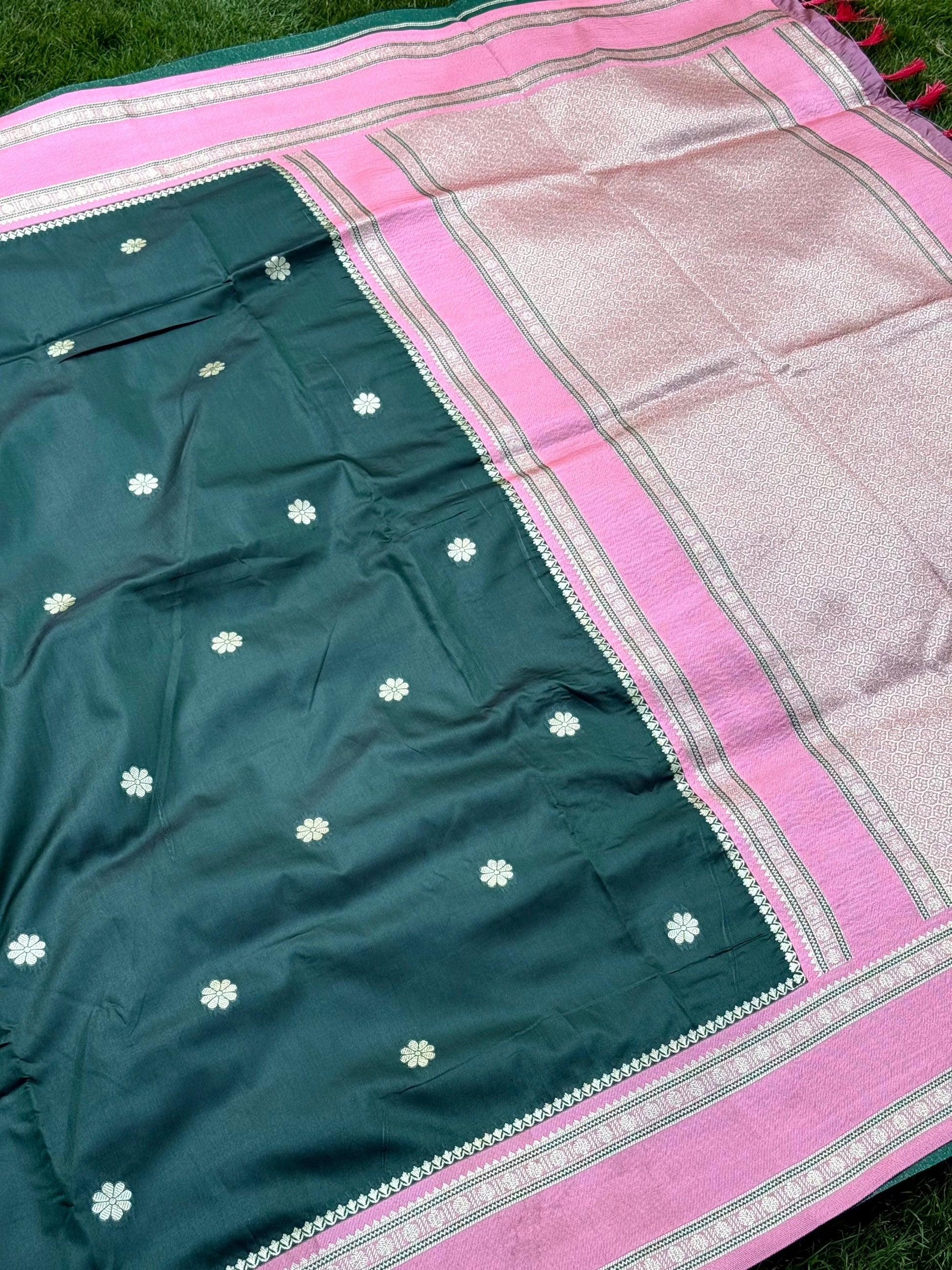 Bottle Green Soft Silk Floral Butta Saree by My Store
