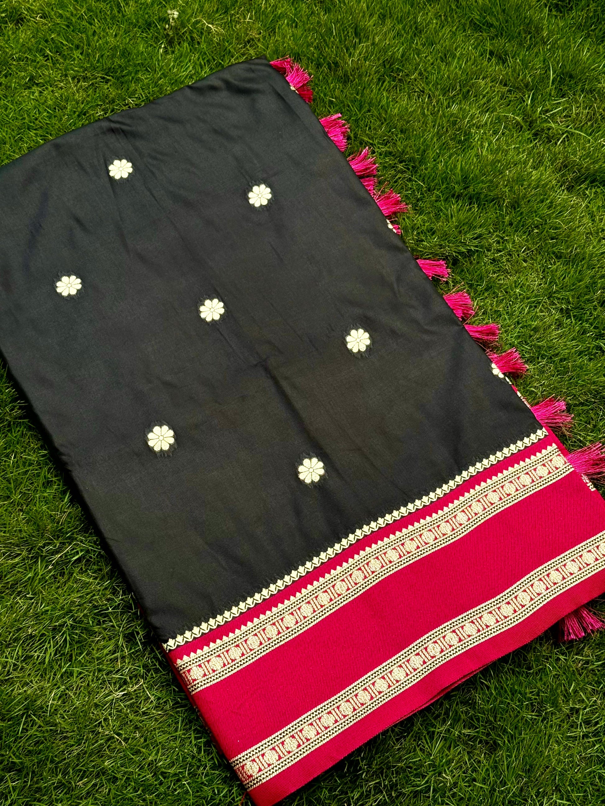 Raven Black Soft Silk Floral Butta Saree by My Store