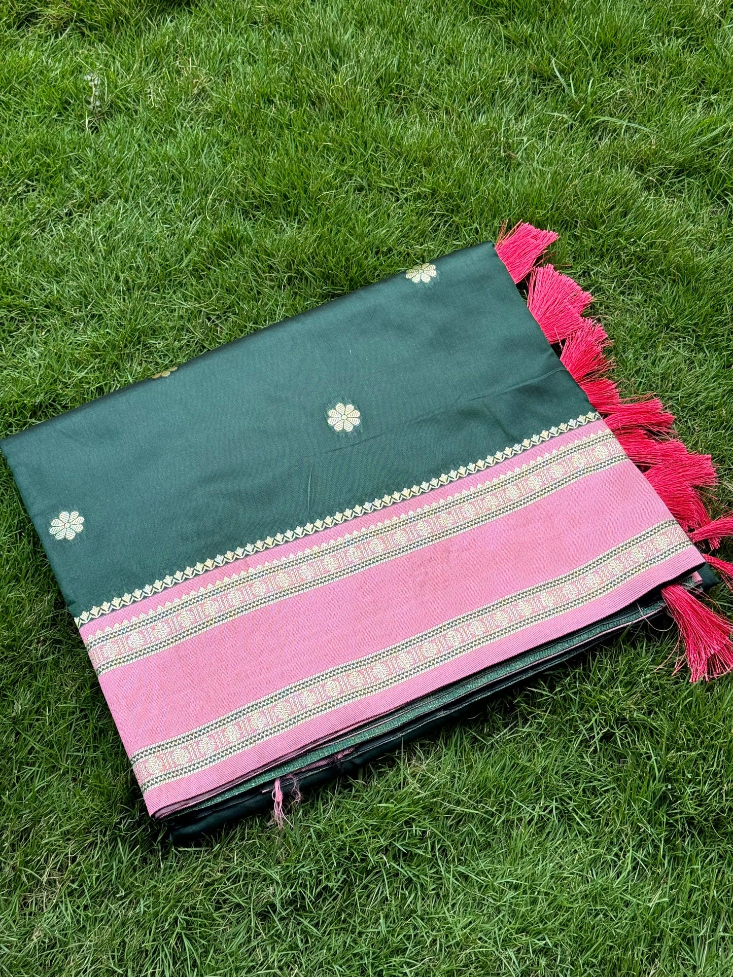 Bottle Green Soft Silk Floral Butta Saree by My Store