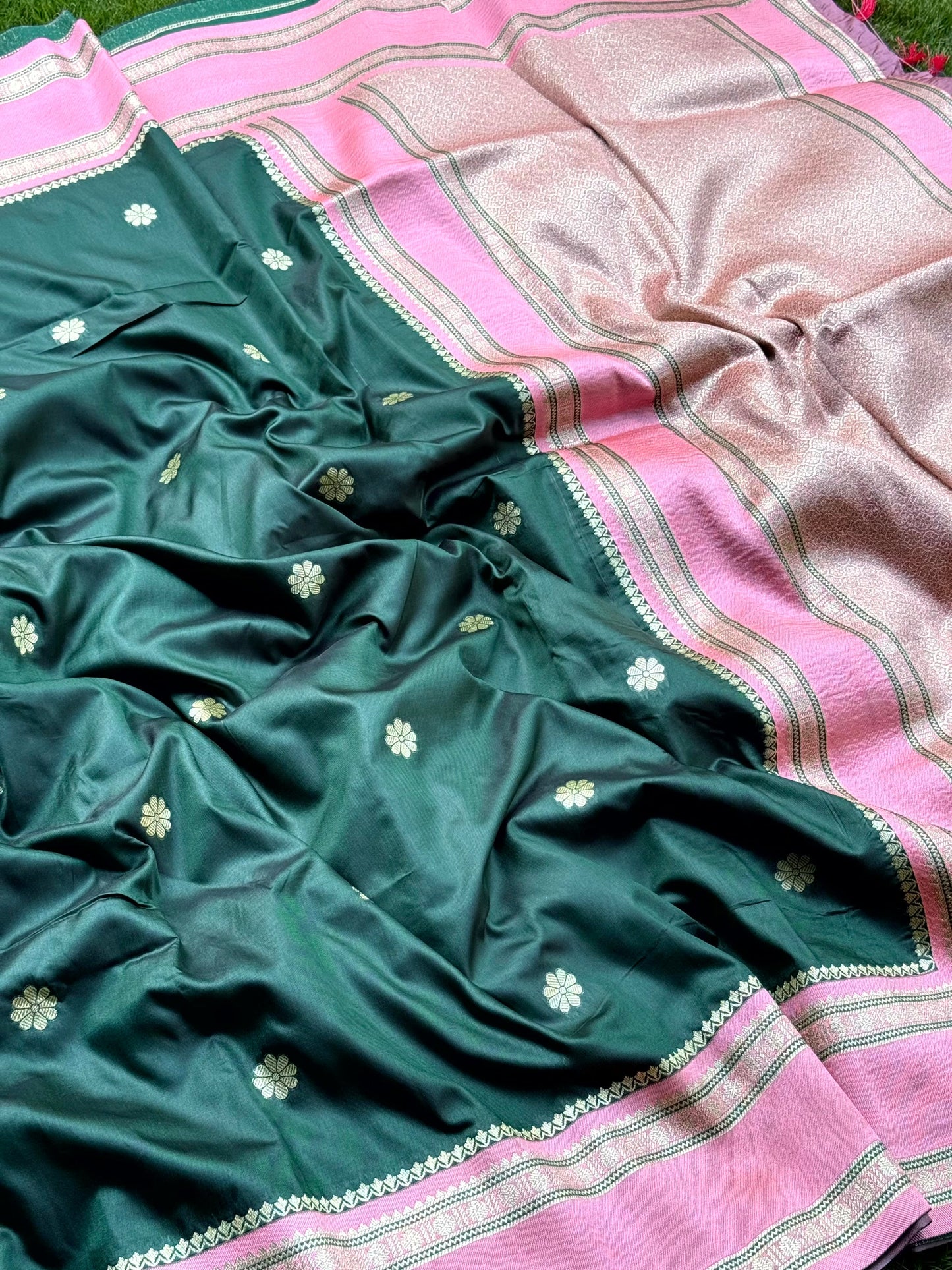 Bottle Green Soft Silk Floral Butta Saree by My Store