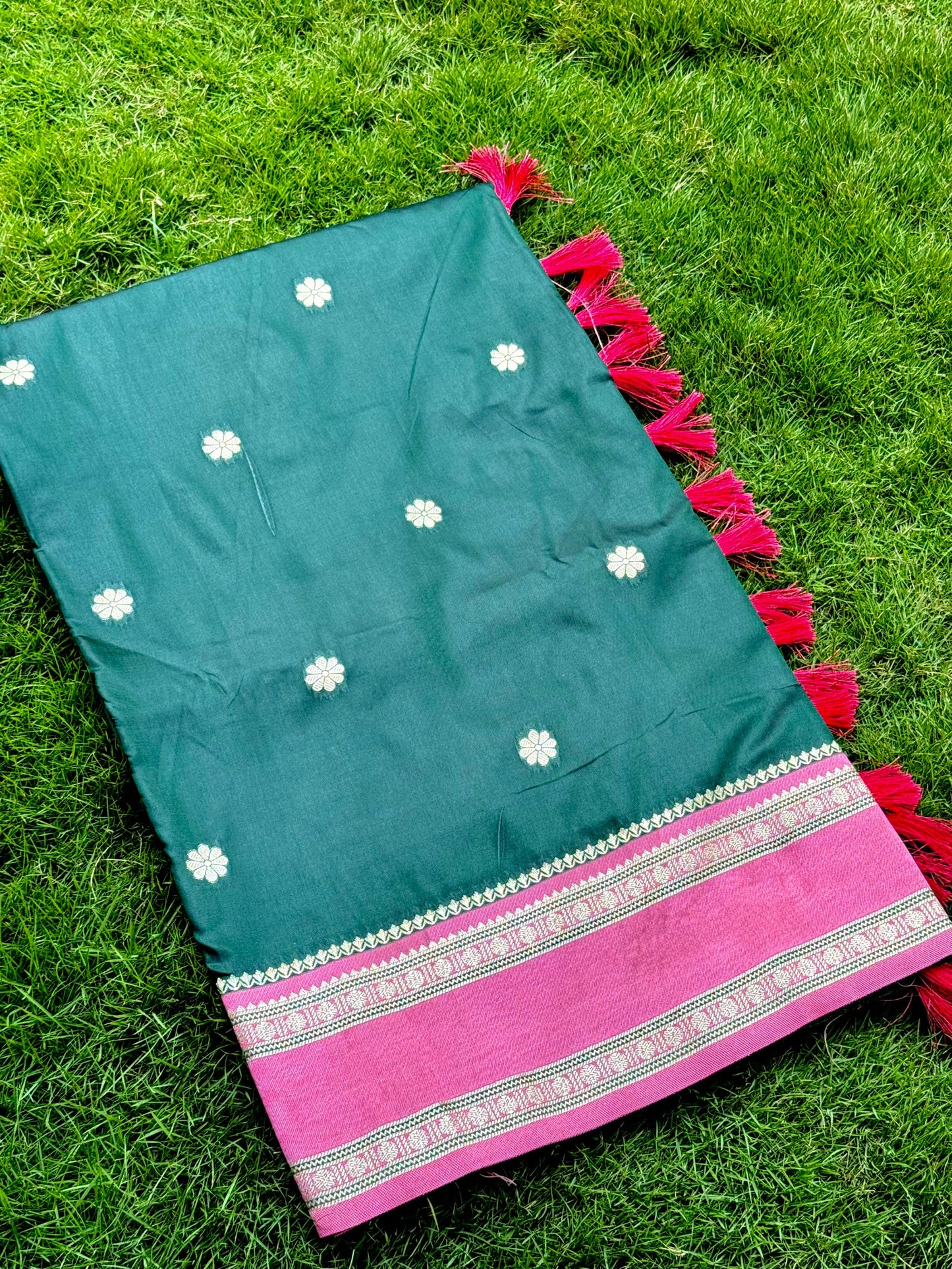 Bottle Green Soft Silk Floral Butta Saree by My Store