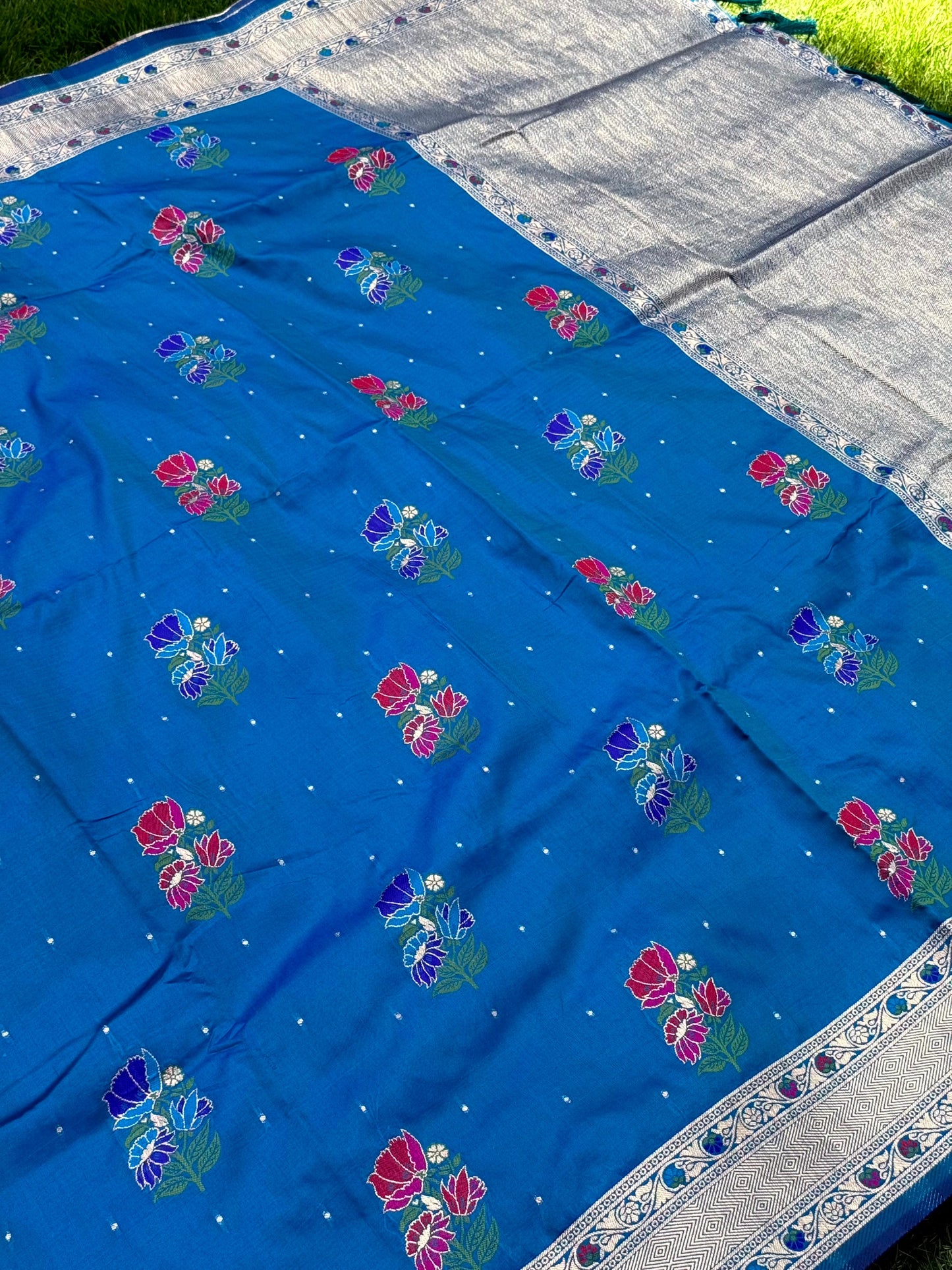 Sky Soft Silk Flowerport Minakari Saree by My Store