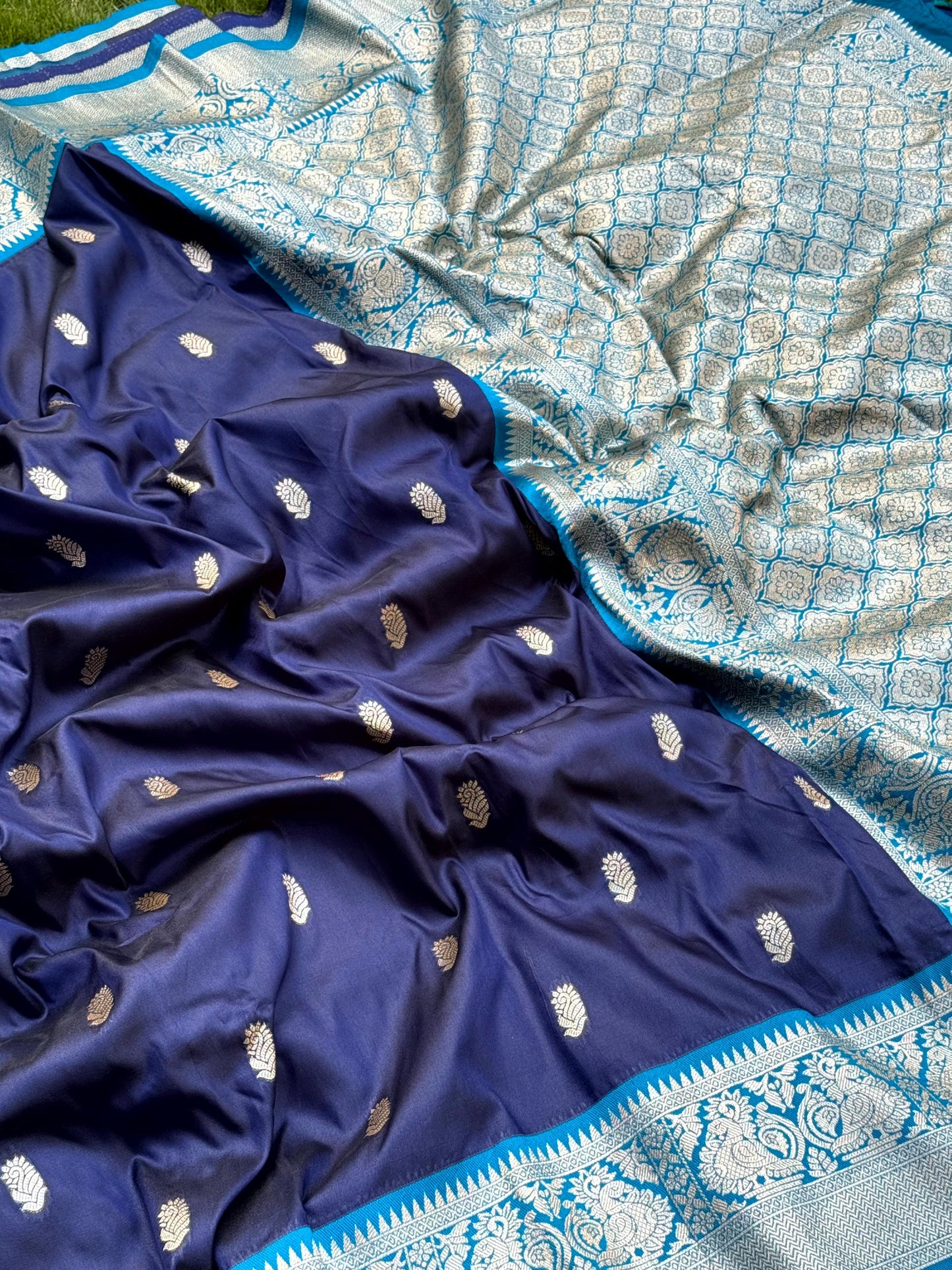 Navy Blue Soft Silk Minakari Work Saree by My Store