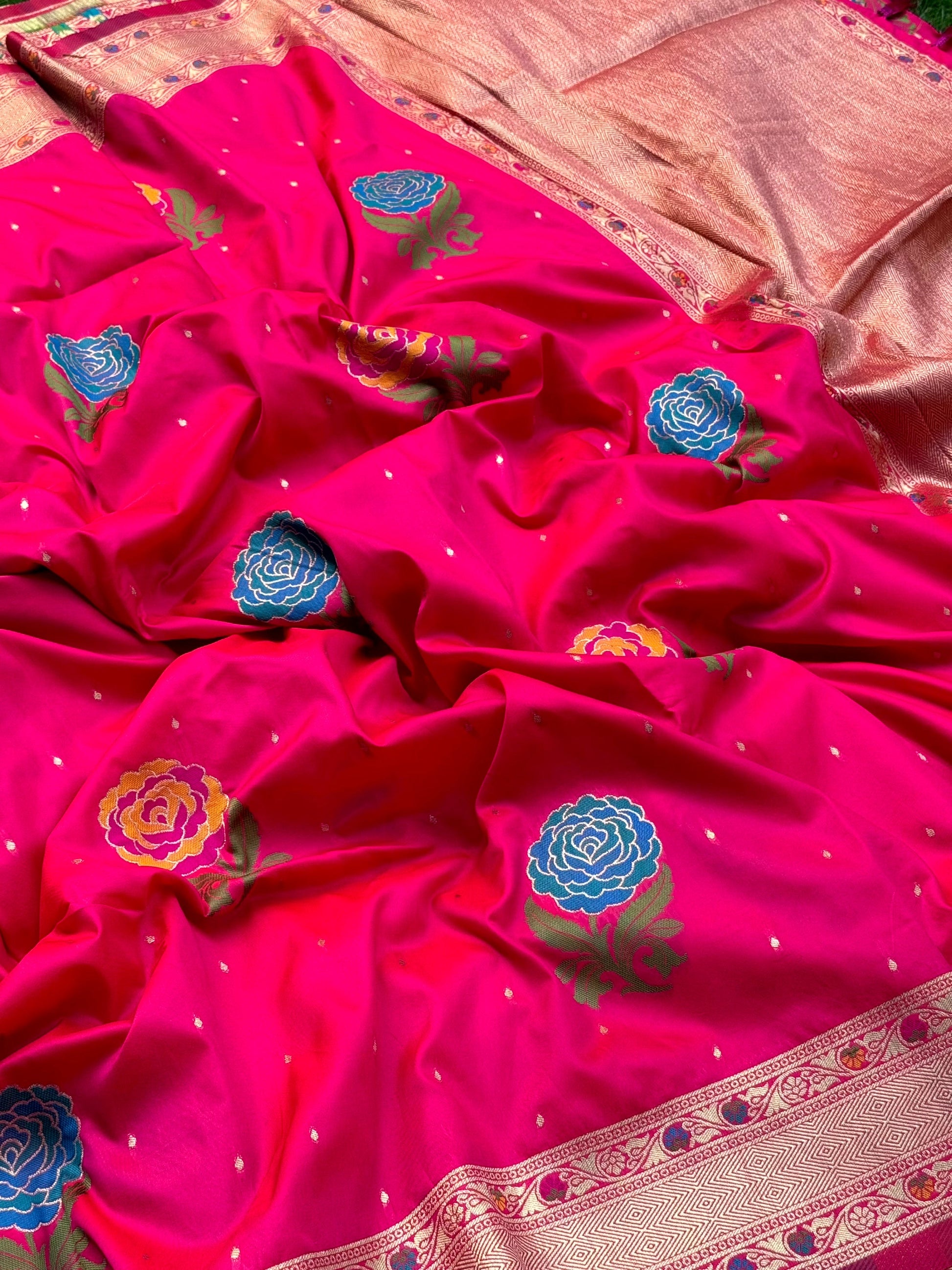 Pink Soft Silk Flowerport Minakari Saree by My Store