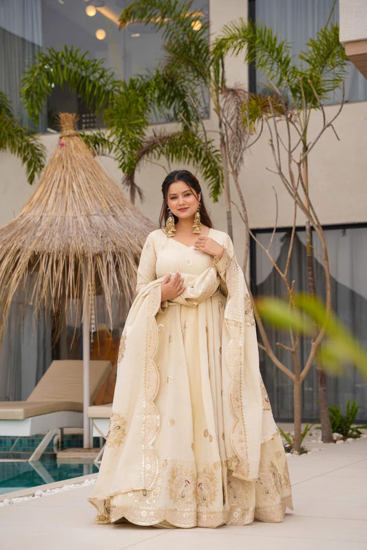 Woman in a traditional outfit standing by a poolside with plants and a cabana in the background