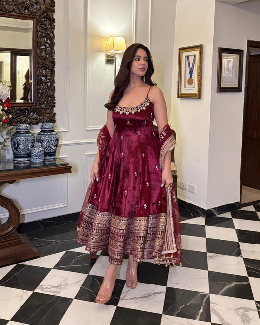 Alveera Premium Quality Maroon Anarkali Suit Set by My Store