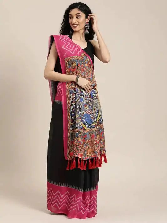 Black & Pink Linen Blend Solid Ikat and Kalamkari Print Saree