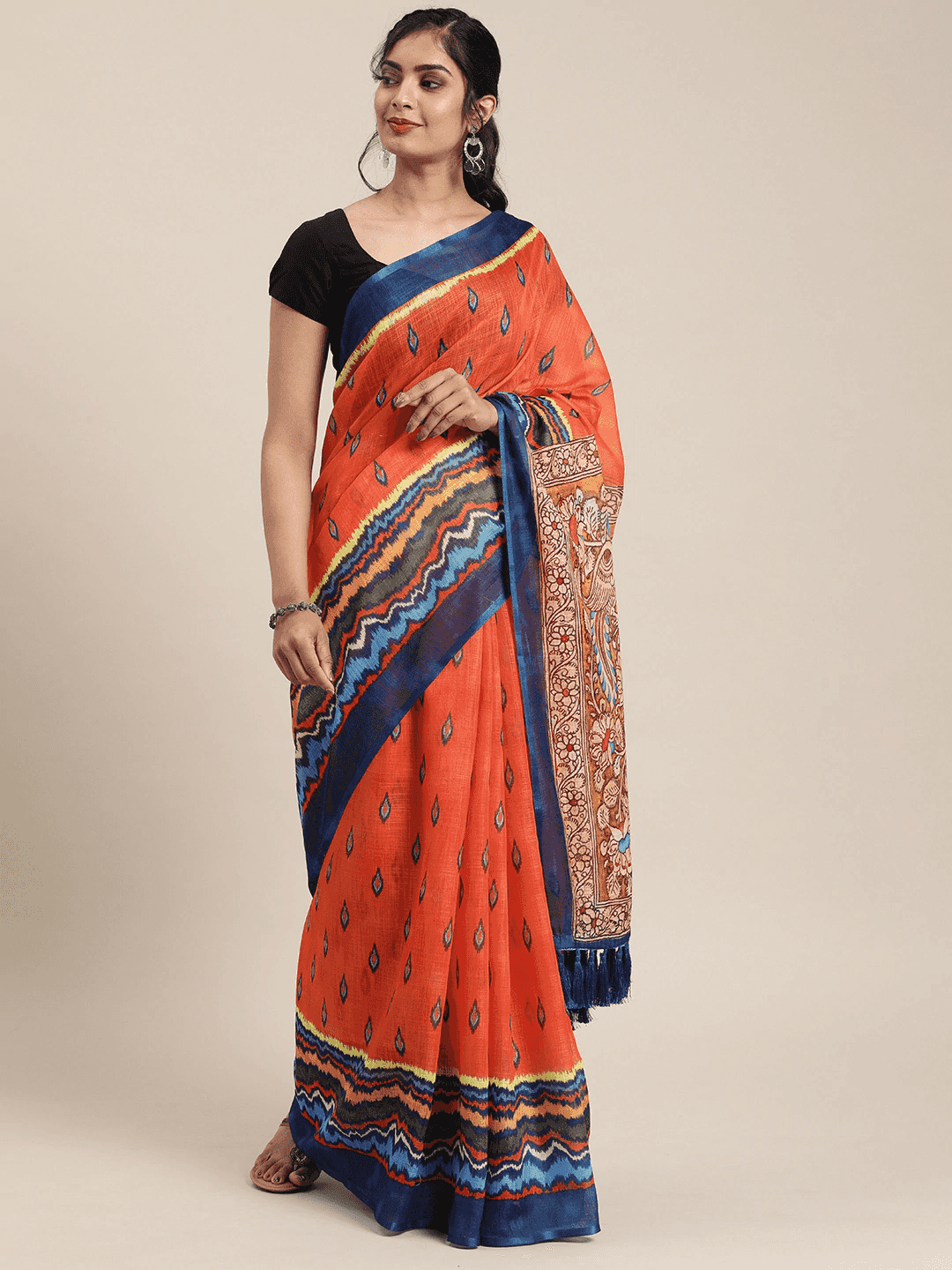 Orange & Blue Linen Blend Printed Ikat Saree by My Store