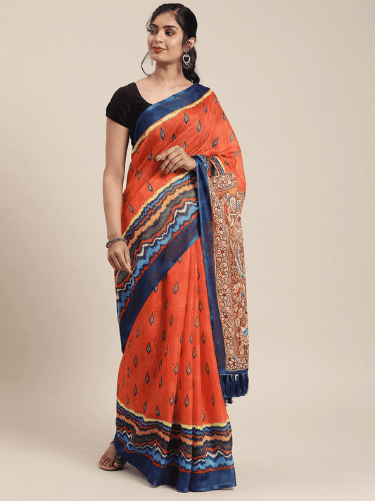 Orange & Blue Linen Blend Printed Ikat Saree by My Store