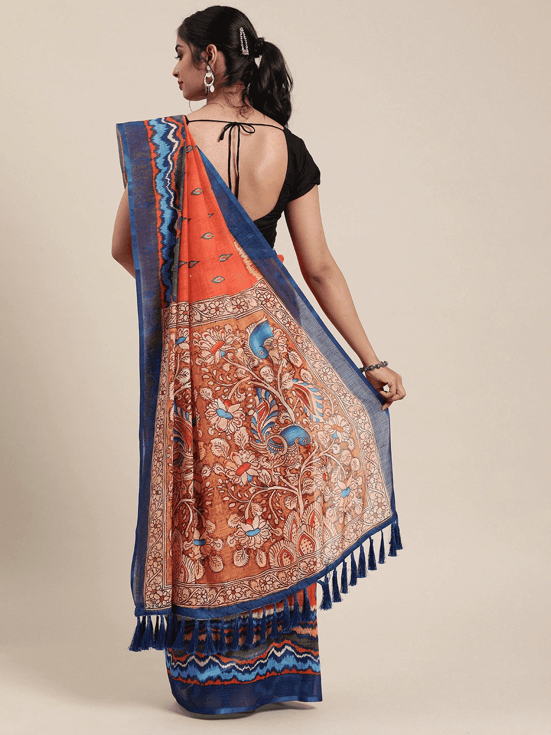 Orange & Blue Linen Blend Printed Ikat Saree by My Store