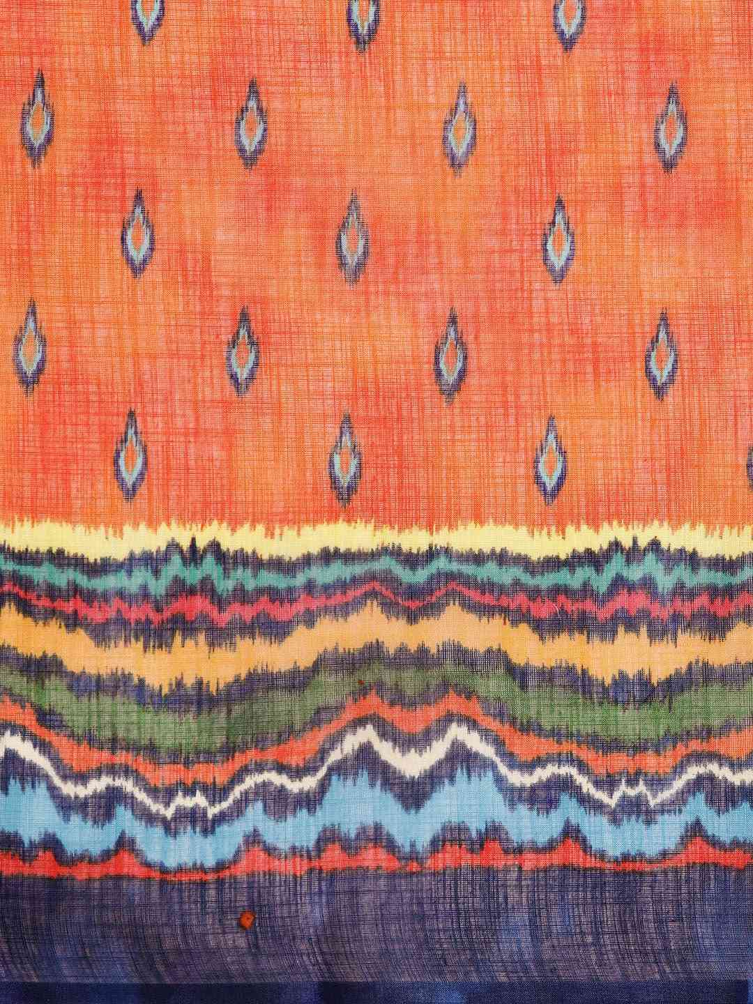 Orange & Blue Linen Blend Printed Ikat Saree by My Store