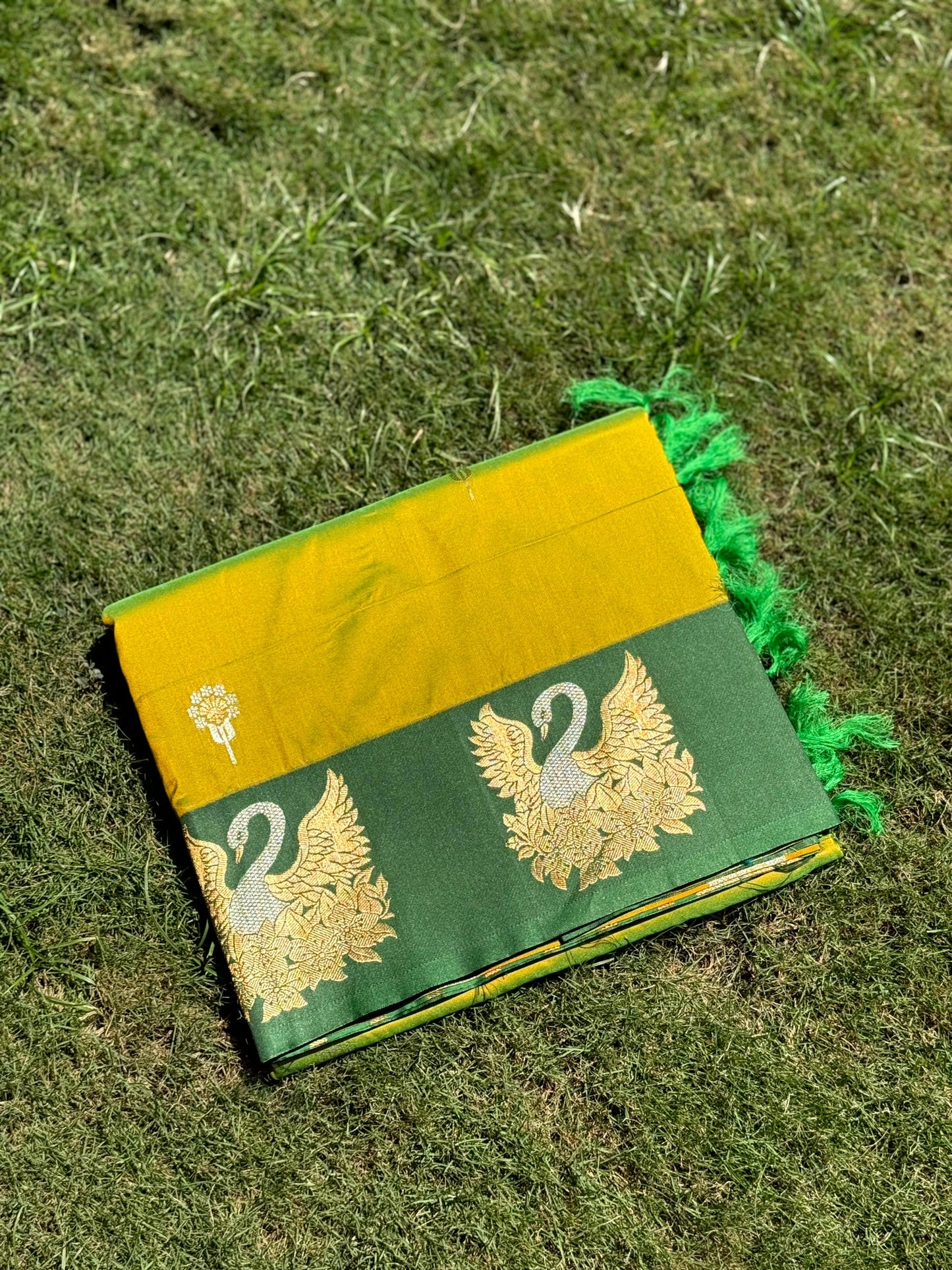 Green Swan Motif Soft Silk Saree by My Store