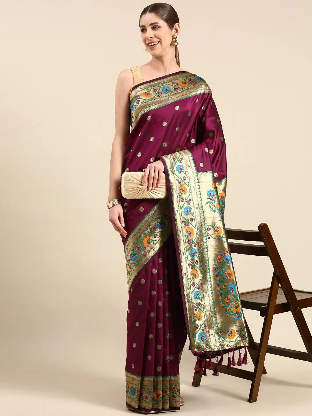 Wine Colour Yevla Paithani Soft Silk Saree