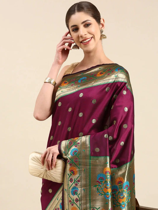 Wine Colour Yevla Paithani Soft Silk Saree