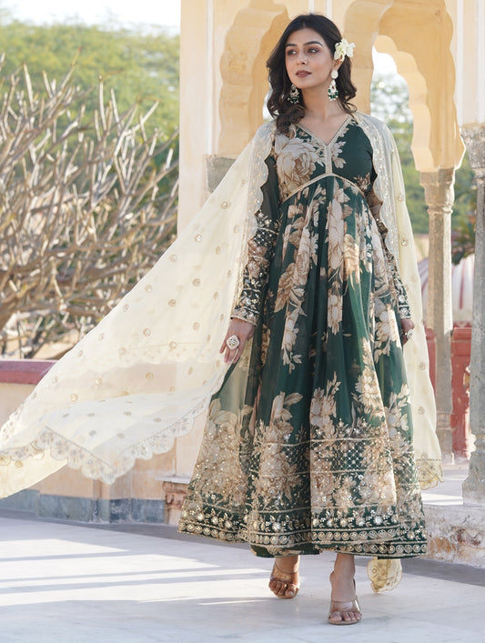 Embroidery Sequins Green Kurta Set