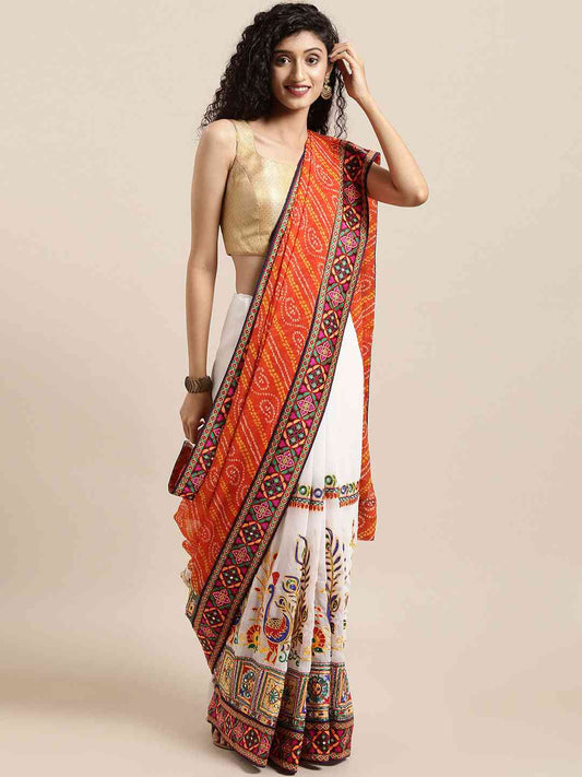 Royal Orange Colour Katchi Embroidery Festive Wear Saree by My Store