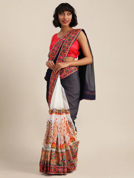 Royal Navy Colour Festive Wear Poly Georgette Saree by My Store