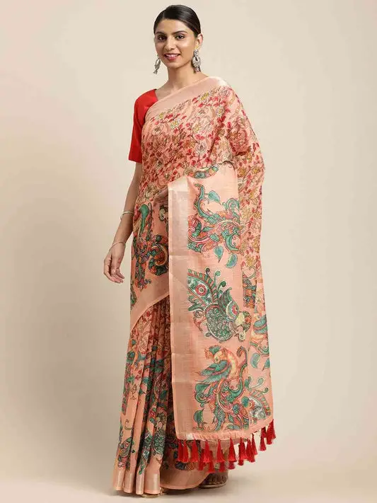 Beautiful Orange Colour Digital Print Kalamakri Design Soft Linen Saree