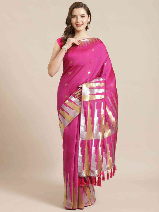 Stylish Rani Colour Ethnic Motifs And Zari Silk Banarasi Saree by My Store