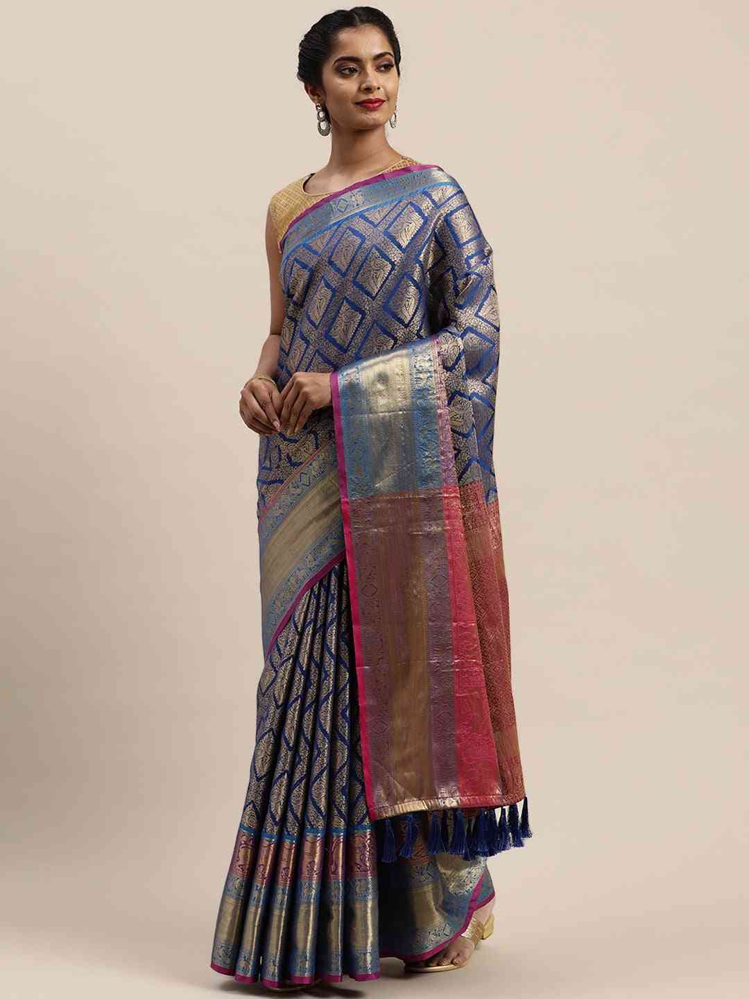 Banarasi Silk Cotton Royal Blue Colour Woven Design Saree by My Store