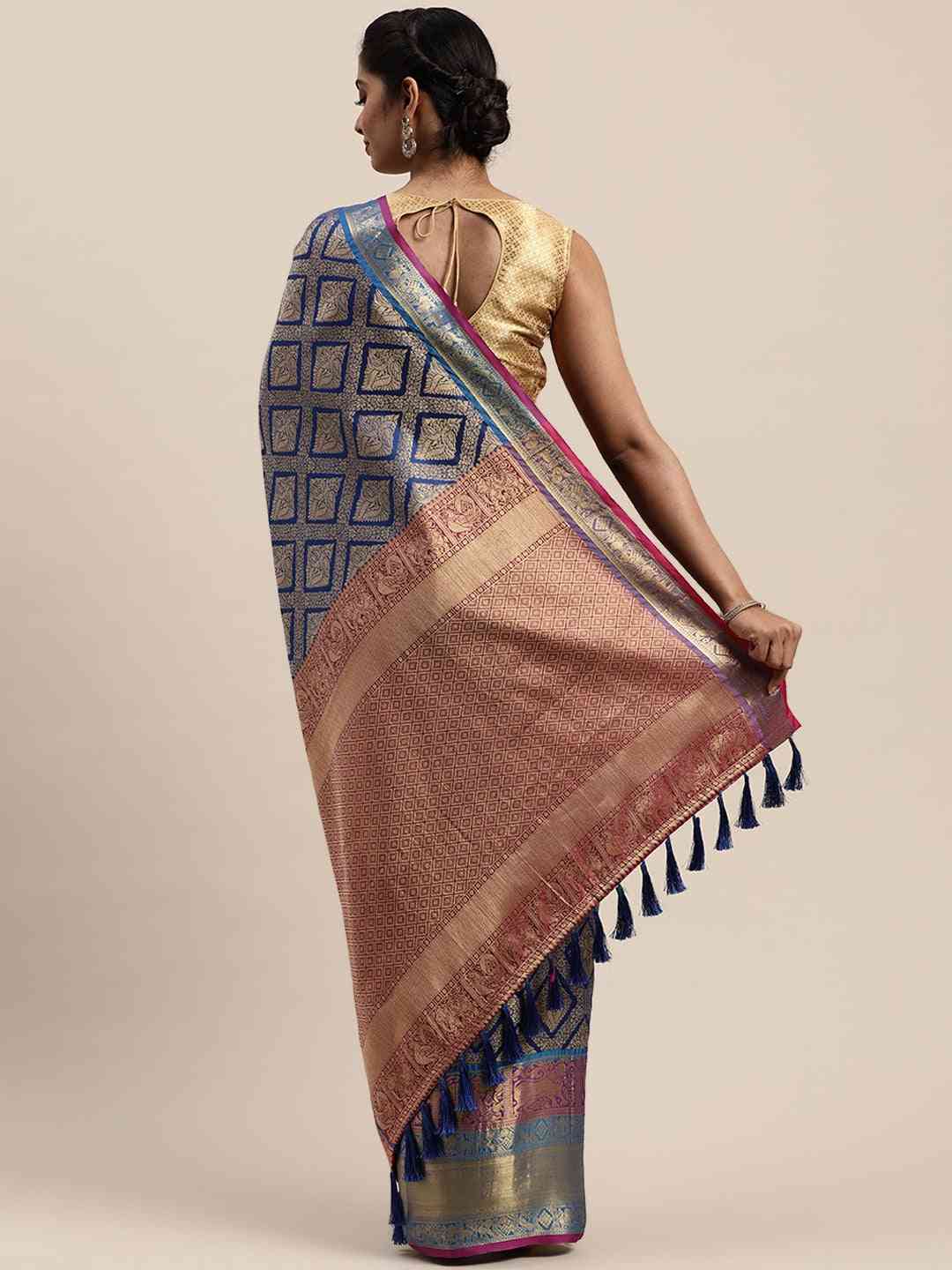 Banarasi Silk Cotton Royal Blue Colour Woven Design Saree by My Store