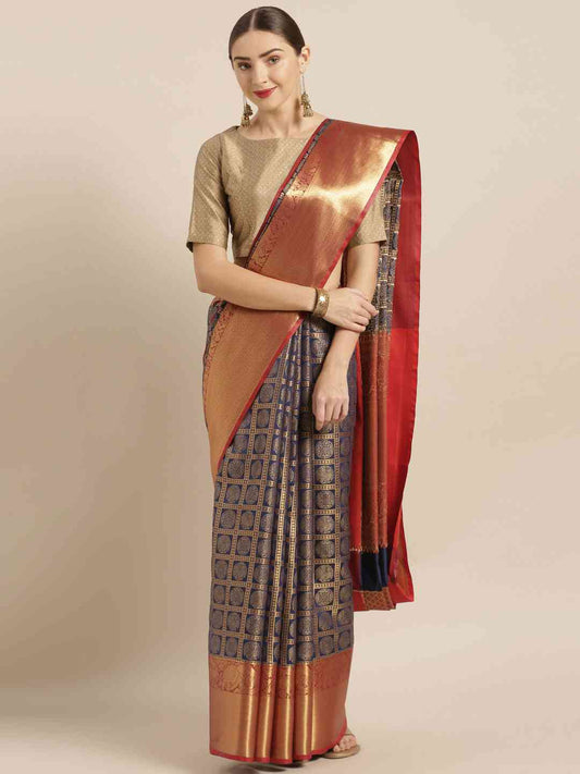 Geometric Print Navy Colour Kanjivaram Silk Saree by My Store