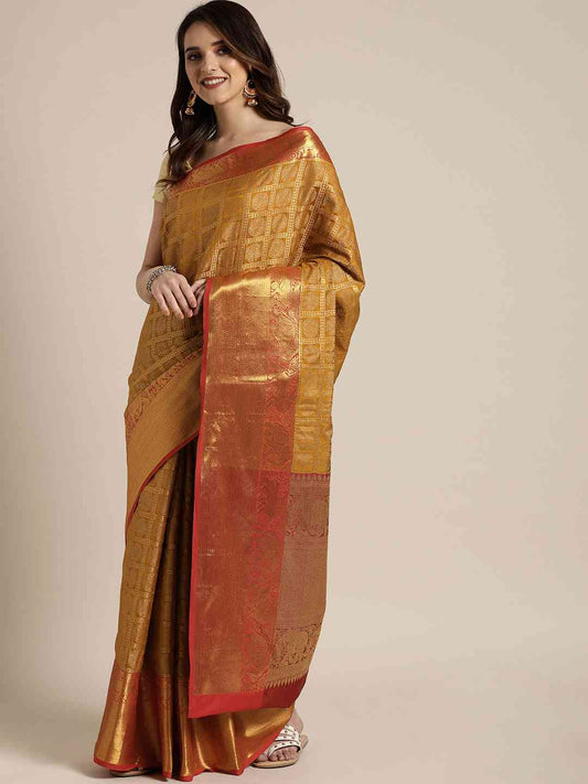 Geometric Print Gold Colour Kanjivaram Silk Saree by My Store