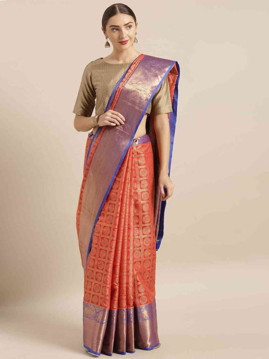 Geometric Print Red Colour Kanjivaram Silk Saree by My Store
