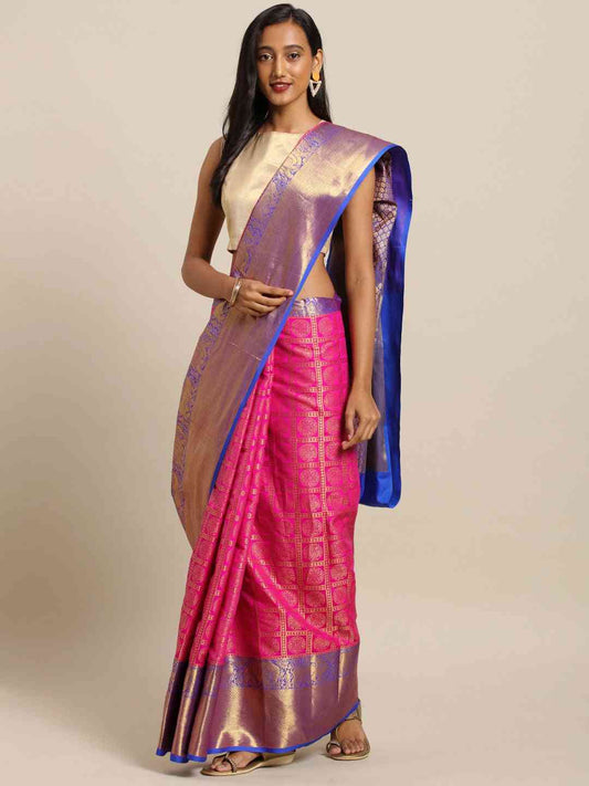 Geometric Print Pink Colour Kanjivaram Silk Saree by My Store