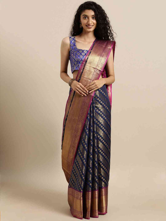 Pure Kanjivaram Navy Colour Zari Silk Saree by My Store