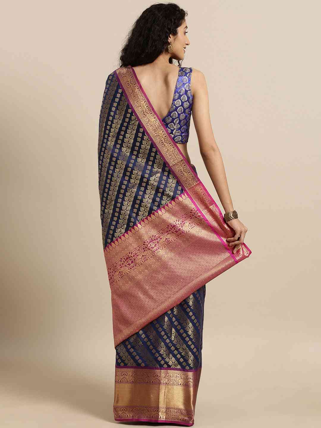 Pure Kanjivaram Navy Colour Zari Silk Saree by My Store