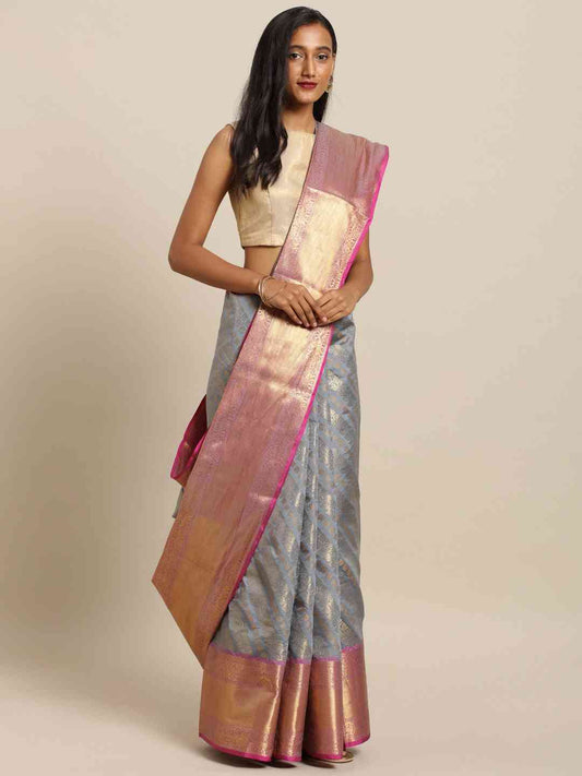 Pure Kanjivaram Grey Colour Zari Silk Saree by My Store