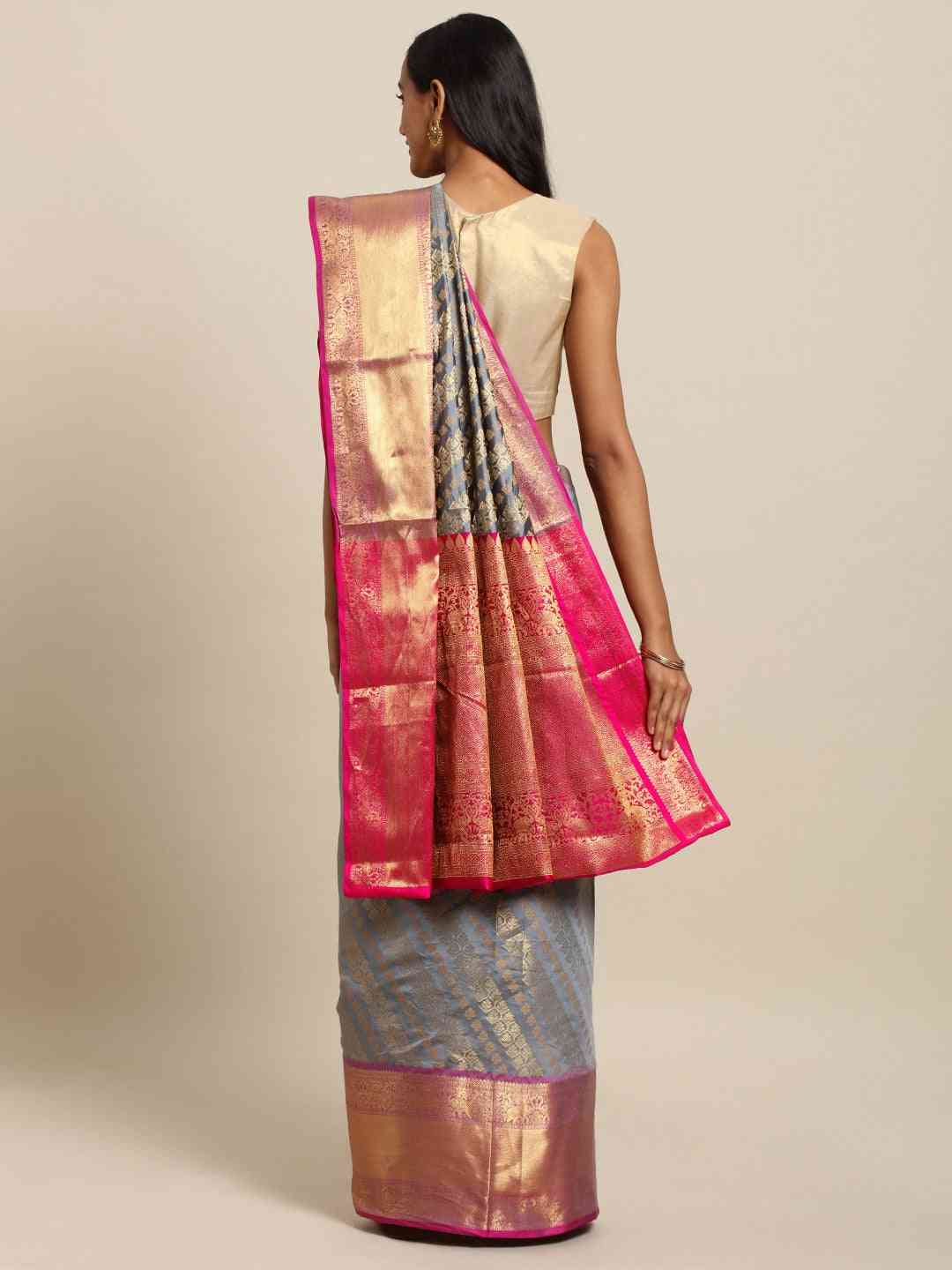Pure Kanjivaram Grey Colour Zari Silk Saree by My Store