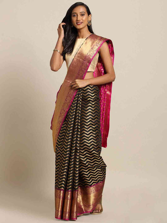 Pure Kanjivaram Silk Black Colour Geometric Print Saree by My Store
