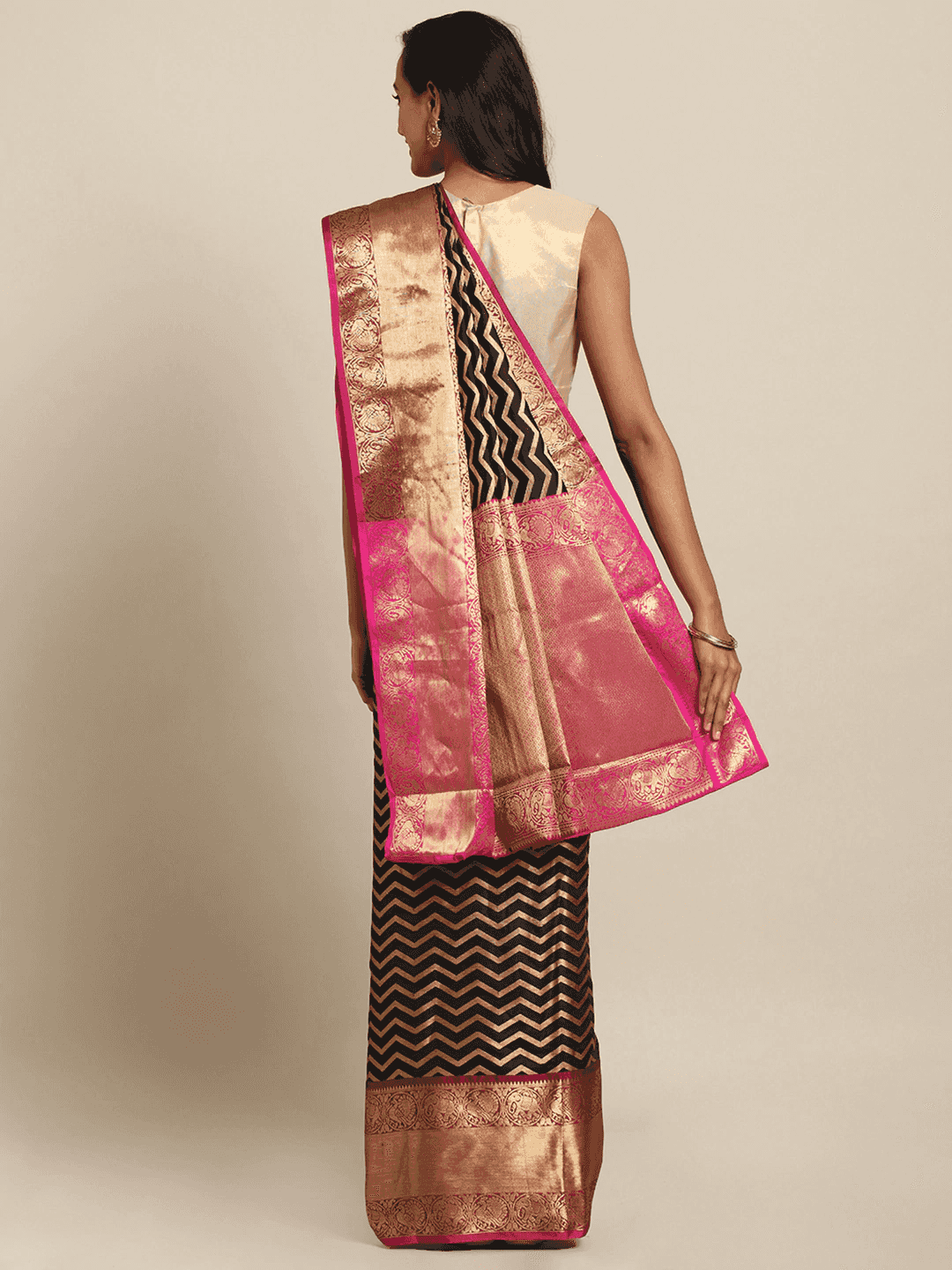 Pure Kanjivaram Silk Black Colour Geometric Print Saree by My Store