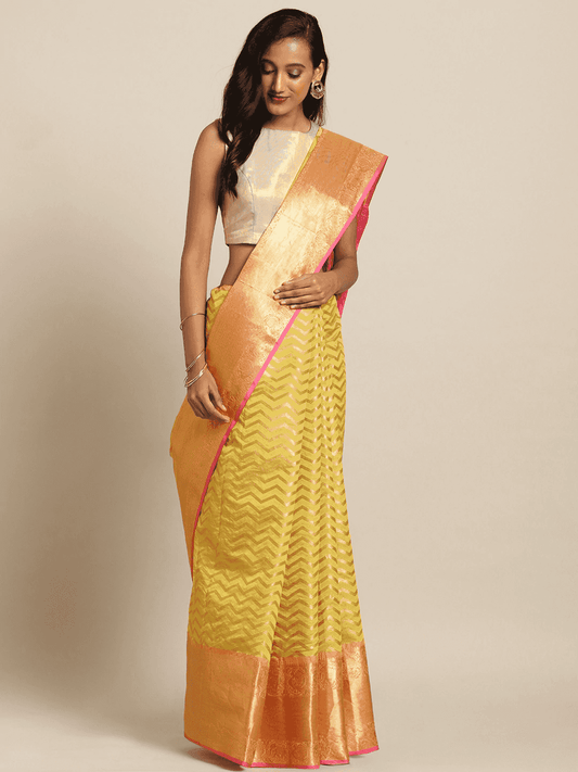 Pure Kanjivaram Silk Yellow Colour Geometric Print Saree by My Store