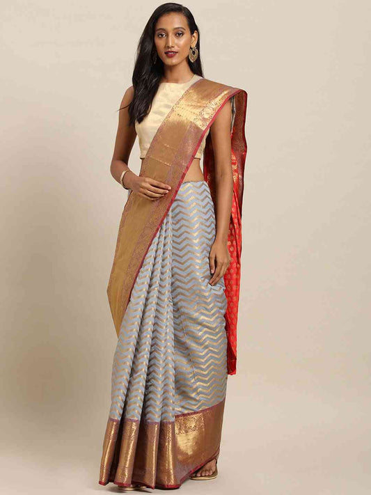 Pure Kanjivaram Silk Grey Colour Geometric Print Saree by My Store